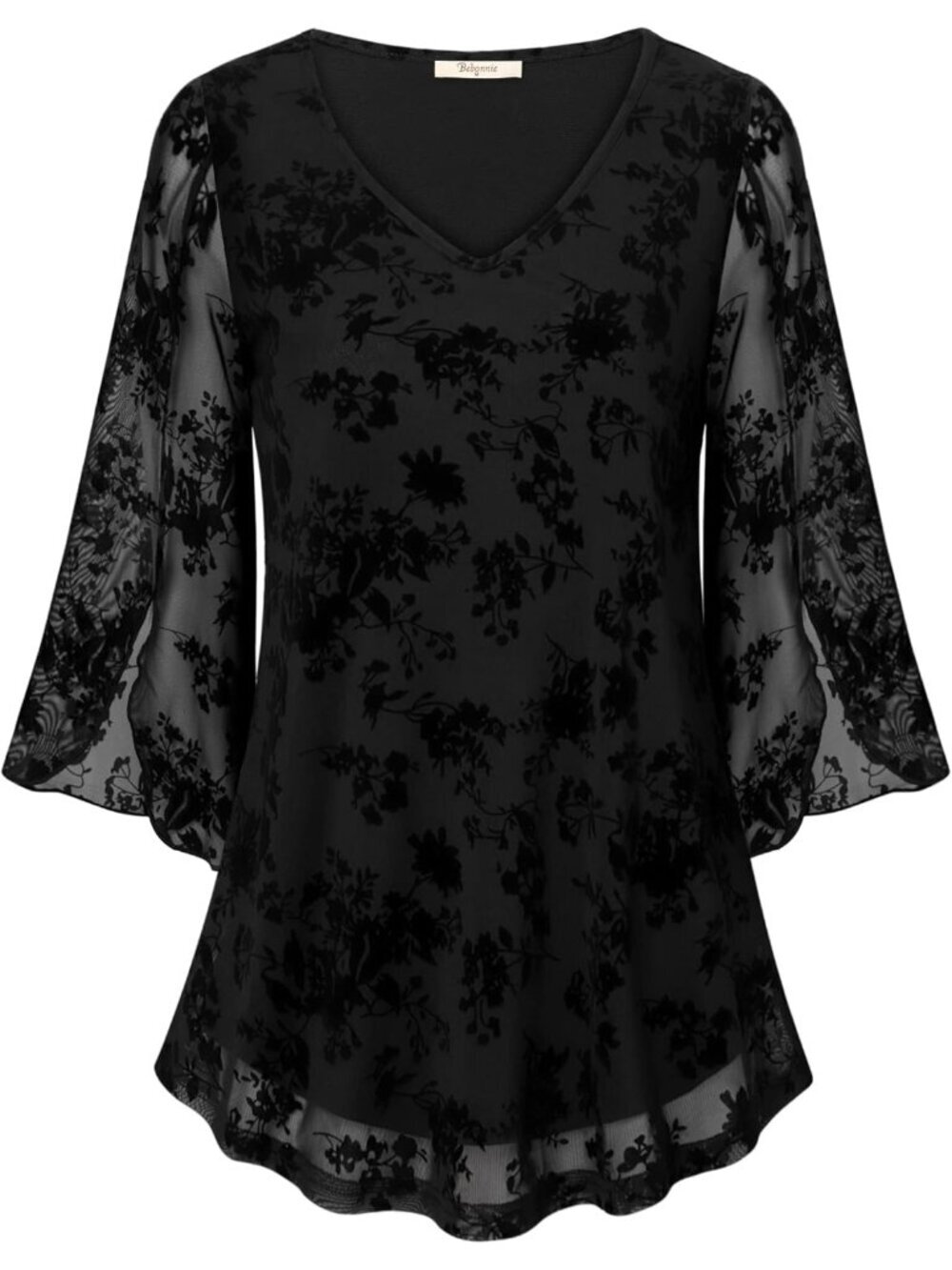 Bebonnie Women's Top Black Ruffle 3/4 Sleeves V Neck Double Layers Mesh Blouses